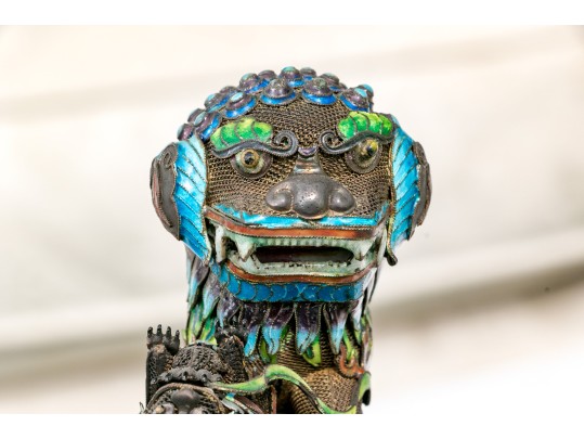 Vintage Chinese Enameled Silver Foo Dogs On Wood Stands