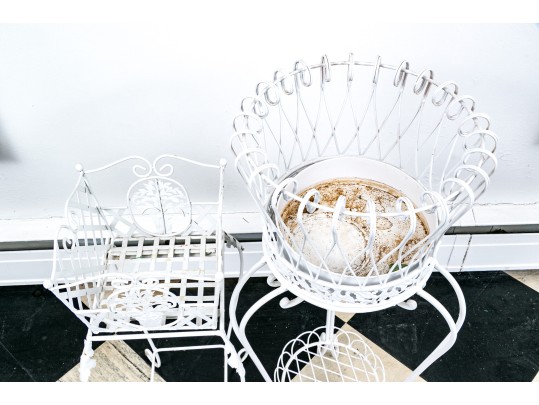 Two Vintage White Painted Wrought Iron Plant Stands