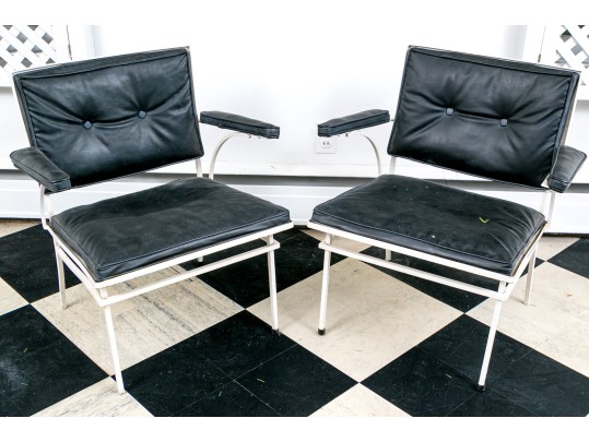 Vintage Pair Of MCM White Finished Outdoor Armchairs With Vinyl Cushions