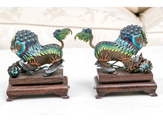 Vintage Chinese Enameled Silver Foo Dogs On Wood Stands
