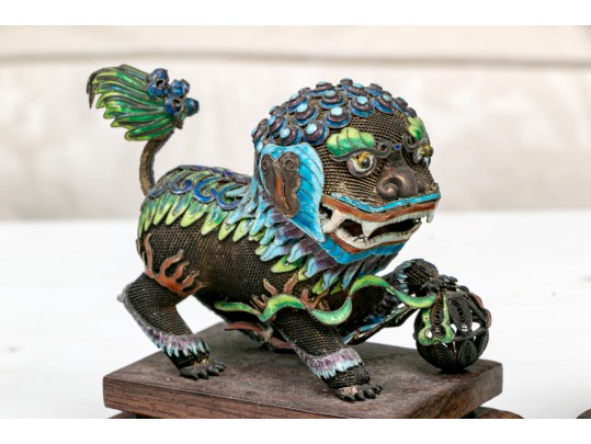 Vintage Chinese Enameled Silver Foo Dogs On Wood Stands