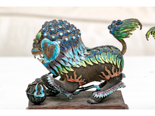 Vintage Chinese Enameled Silver Foo Dogs On Wood Stands