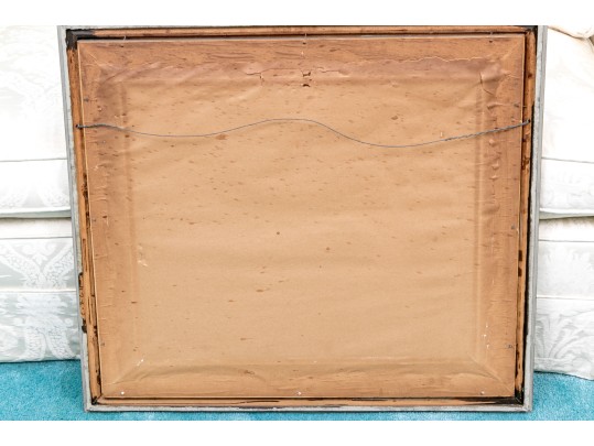 Mid Century Modern Oil On Board, Figural Urban Landscape, Signed