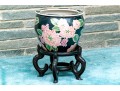 Chinese Famille Rose On Black Ground Porcelain Jardiniere, On Wood Stand, 20th C. 
