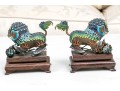Vintage Chinese Enameled Silver Foo Dogs On Wood Stands