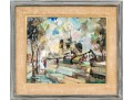 Mid Century Modern Oil On Board, Figural Urban Landscape, Signed