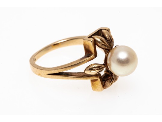 14K Single Pearl Open Form Ring, Size 7