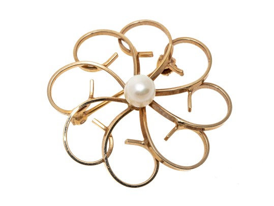 14k Yellow Gold Pretty Vintage Open Swirl Circle Brooch, Cultured 5mm Pearl Center