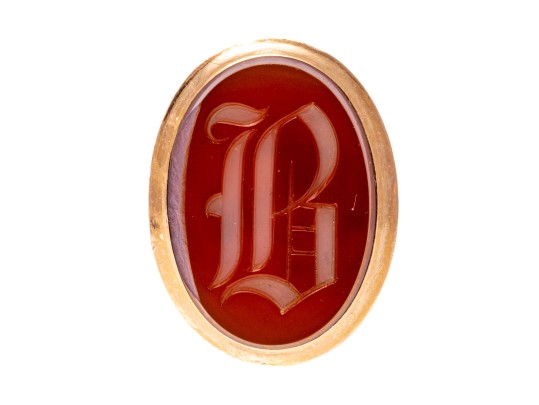14k Gold Antique Striking Chunky Carnelian Initial Ring, Patterned Sides, Size 8.5
