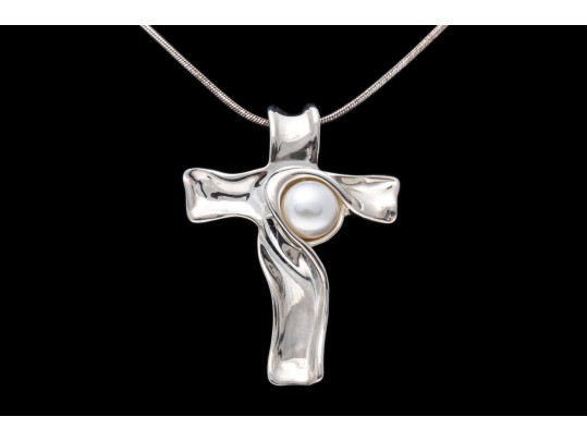 Sterling Silver Freeform Cultured Freshwater Pearl Pendant Necklace