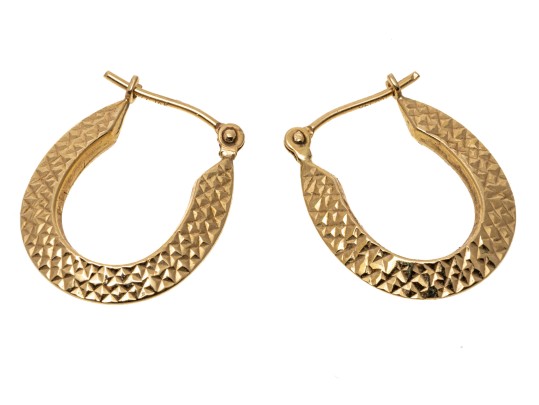 14K Elongated Diamond Cut Hoop Earrings