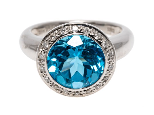 Bright Topaz And Diamond Contemporary 18K White Gold Ring, Size 6.5+