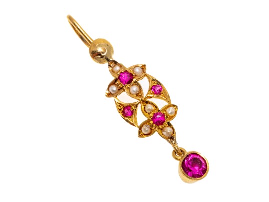 Fantastic 22K Seed Pearl And Pink Sapphire Drop Pendant