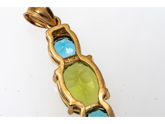 14k Yellow Gold Beautiful Blue Topaz And Peridot Stack Pendant