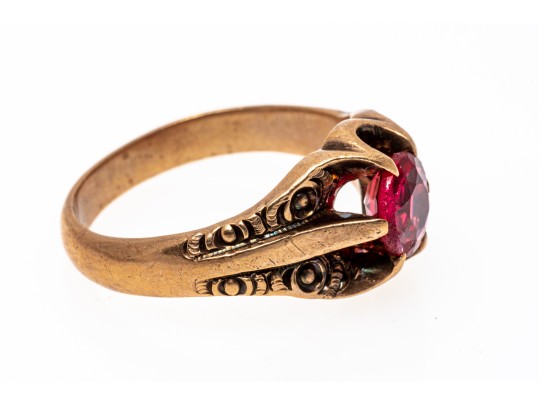 10k Rose Gold Handsome Vintage Chased Chunky Solitaire Ring, Size 10.75+