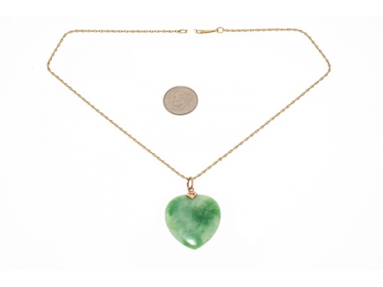 14k Yellow Gold Green Jade Heart Pendant Necklace