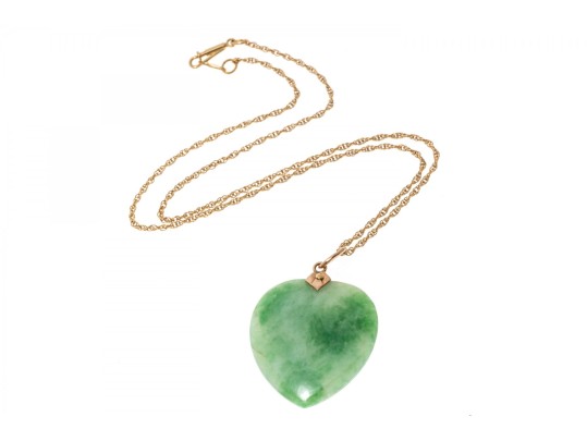 14k Yellow Gold Green Jade Heart Pendant Necklace