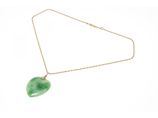 14k Yellow Gold Green Jade Heart Pendant Necklace