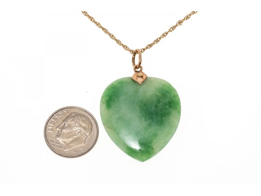 14k Yellow Gold Green Jade Heart Pendant Necklace