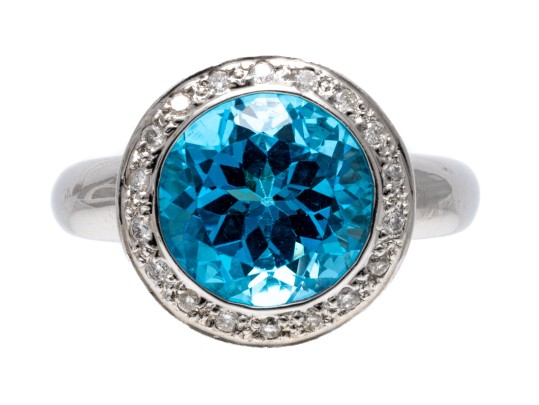 Bright Topaz And Diamond Contemporary 18K White Gold Ring, Size 6.5+