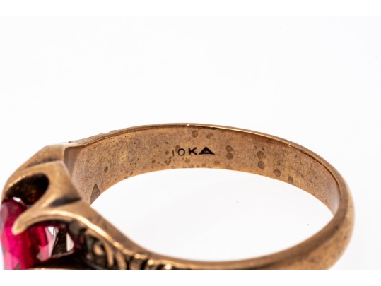 10k Rose Gold Handsome Vintage Chased Chunky Solitaire Ring, Size 10.75+