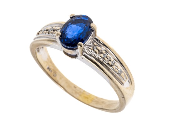 14k Gold Striking Oval Blue Sapphire And Diamond Ring, Size 7.75