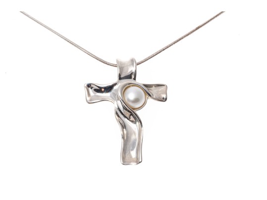 Sterling Silver Freeform Cultured Freshwater Pearl Pendant Necklace