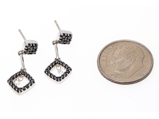 14k White Gold Striking Black Diamond And White Sapphire Drop Earrings