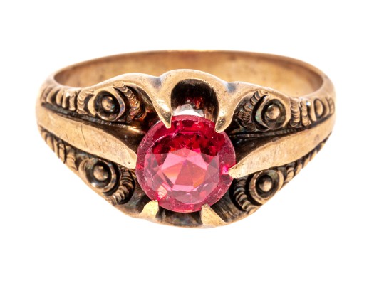 10k Rose Gold Handsome Vintage Chased Chunky Solitaire Ring, Size 10.75+