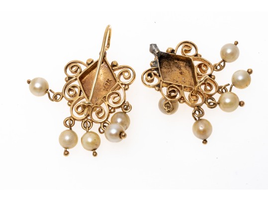Vintage 14K And Suspended Pearl Earrings