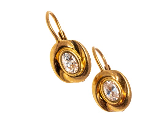 18k Yellow Gold Fun Swirl Framed Oval CZ Drop Earrings