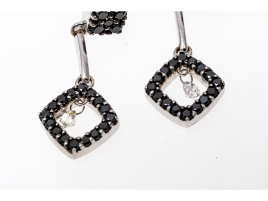 14k White Gold Striking Black Diamond And White Sapphire Drop Earrings