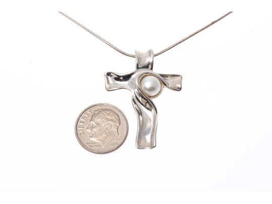 Sterling Silver Freeform Cultured Freshwater Pearl Pendant Necklace