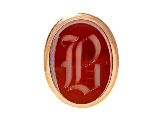 14k Gold Antique Striking Chunky Carnelian Initial Ring, Patterned Sides, Size 8.5