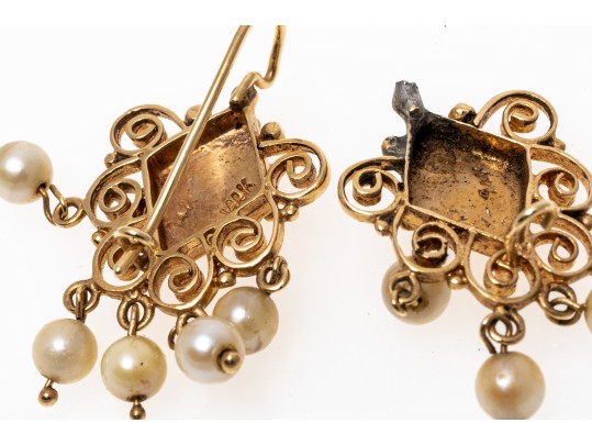 Vintage 14K And Suspended Pearl Earrings