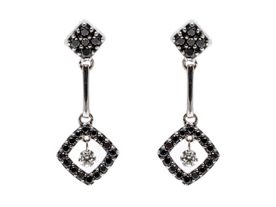 14k White Gold Striking Black Diamond And White Sapphire Drop Earrings