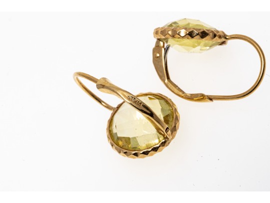14k Yellow Gold Lovely Round Checkerboard Yellow Citrine Earrings, App. 4.26 TCW