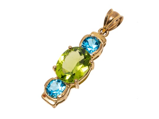 14k Yellow Gold Beautiful Blue Topaz And Peridot Stack Pendant