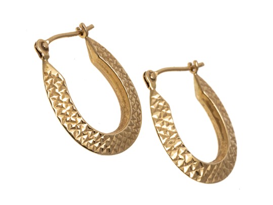 14K Elongated Diamond Cut Hoop Earrings