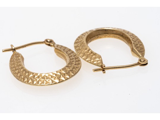 14K Elongated Diamond Cut Hoop Earrings