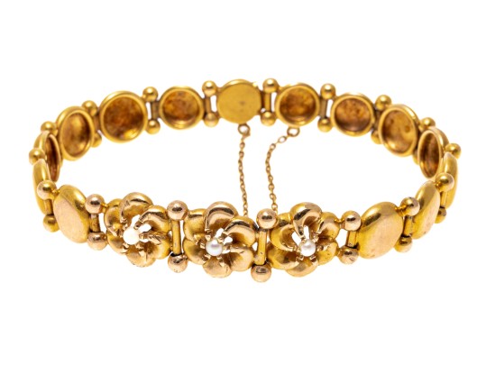 14k Yellow Gold Pretty Flower And Circle Link Bracelet