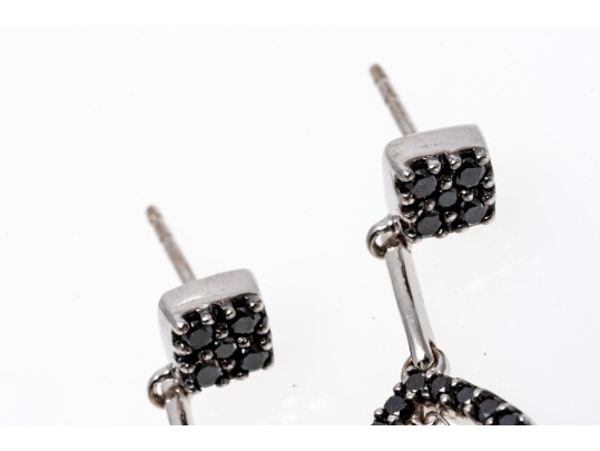 14k White Gold Striking Black Diamond And White Sapphire Drop Earrings