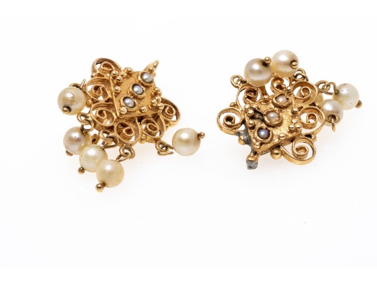 Vintage 14K And Suspended Pearl Earrings
