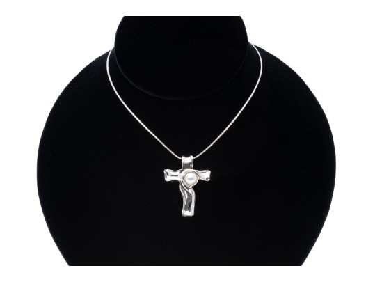 Sterling Silver Freeform Cultured Freshwater Pearl Pendant Necklace