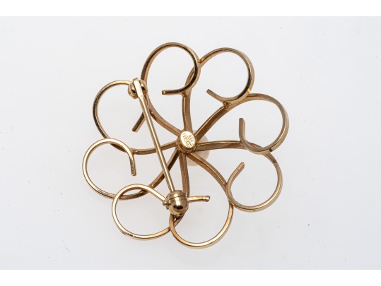 14k Yellow Gold Pretty Vintage Open Swirl Circle Brooch, Cultured 5mm Pearl Center