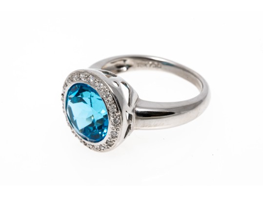 Bright Topaz And Diamond Contemporary 18K White Gold Ring, Size 6.5+
