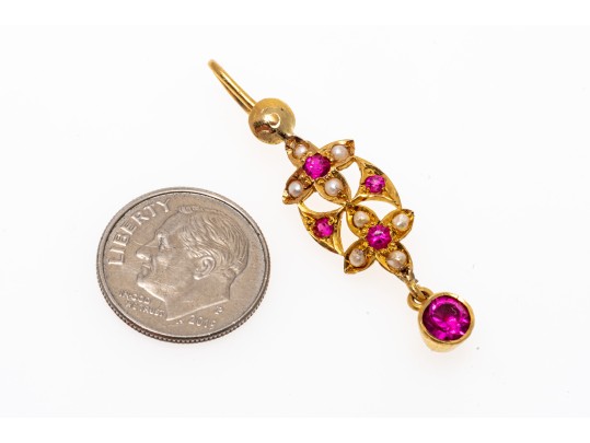 Fantastic 22K Seed Pearl And Pink Sapphire Drop Pendant