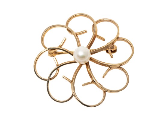 14k Yellow Gold Pretty Vintage Open Swirl Circle Brooch, Cultured 5mm Pearl Center
