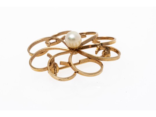 14k Yellow Gold Pretty Vintage Open Swirl Circle Brooch, Cultured 5mm Pearl Center