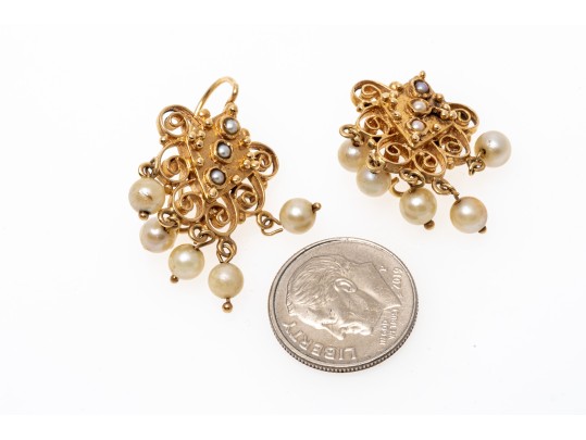 Vintage 14K And Suspended Pearl Earrings